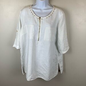 Ellen Tracy Size XL White Linen Tunic Top Zip Front 3/4 Roll Tab Sleeve‎ EUC!